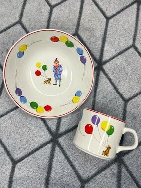The Happy Clown by Johnson Brothers Ironstone Balloon Clown Ceramic Bowl Mug Set